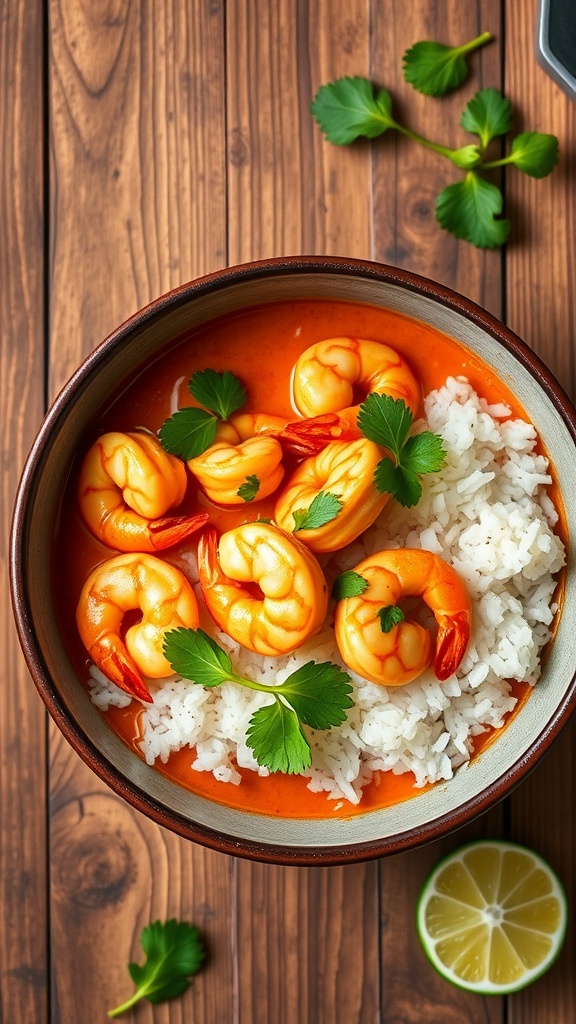 A bowl of spicy shrimp curry with coconut milk, garnished with cilantro and served with rice and lime.